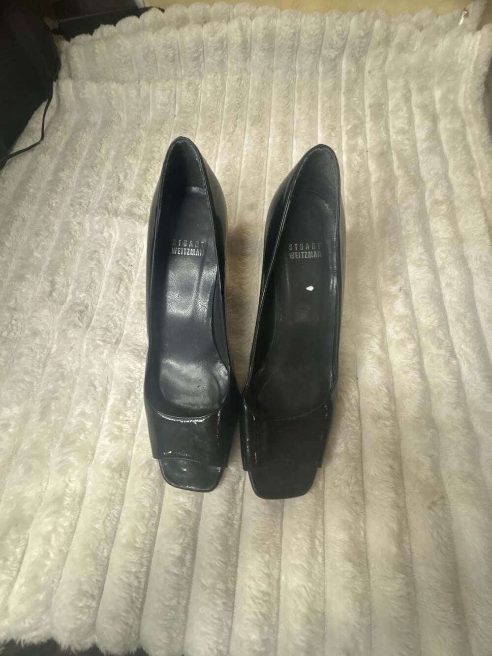 Stuart Weitzman Black Patent Leather Peep Toe Stiletto Heels